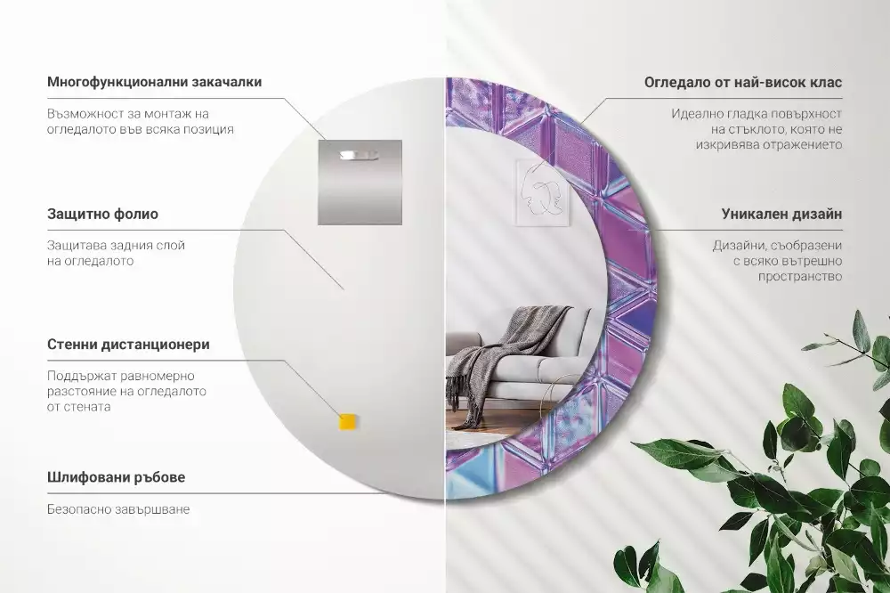 Miroir rond cadre avec impression Motif cristallin