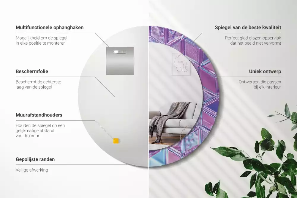 Miroir rond cadre avec impression Motif cristallin