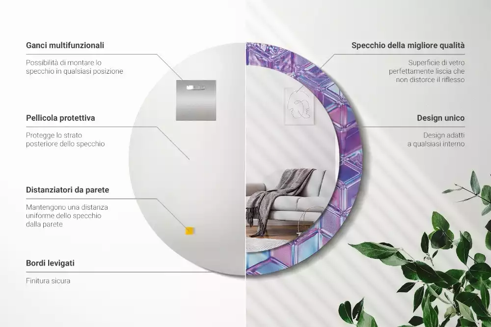 Miroir rond cadre avec impression Motif cristallin