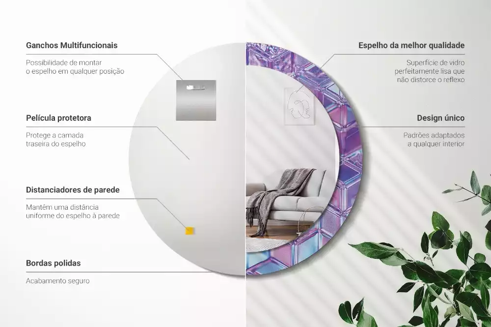 Miroir rond cadre avec impression Motif cristallin