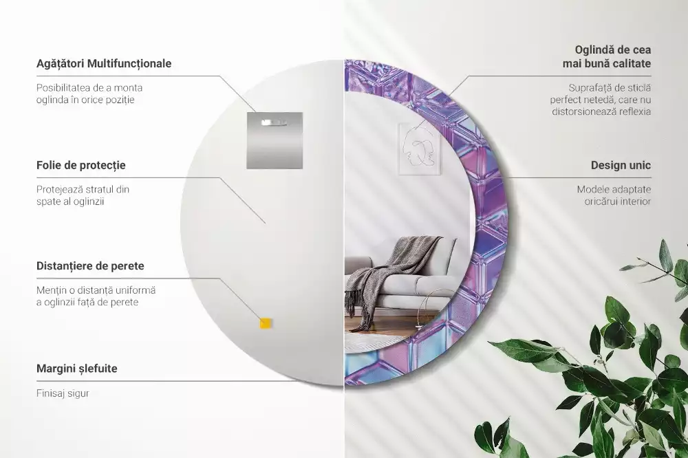 Miroir rond cadre avec impression Motif cristallin