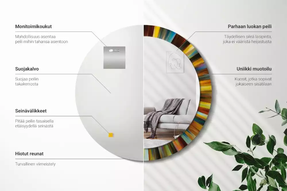 Miroir rond cadre avec impression Rayons colorés