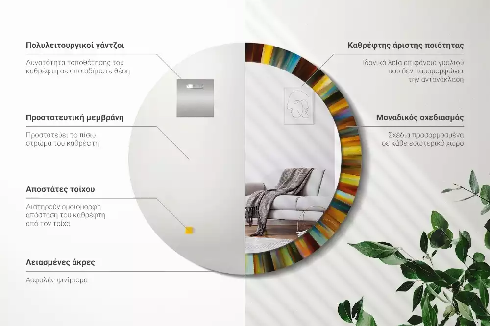 Miroir rond cadre avec impression Rayons colorés