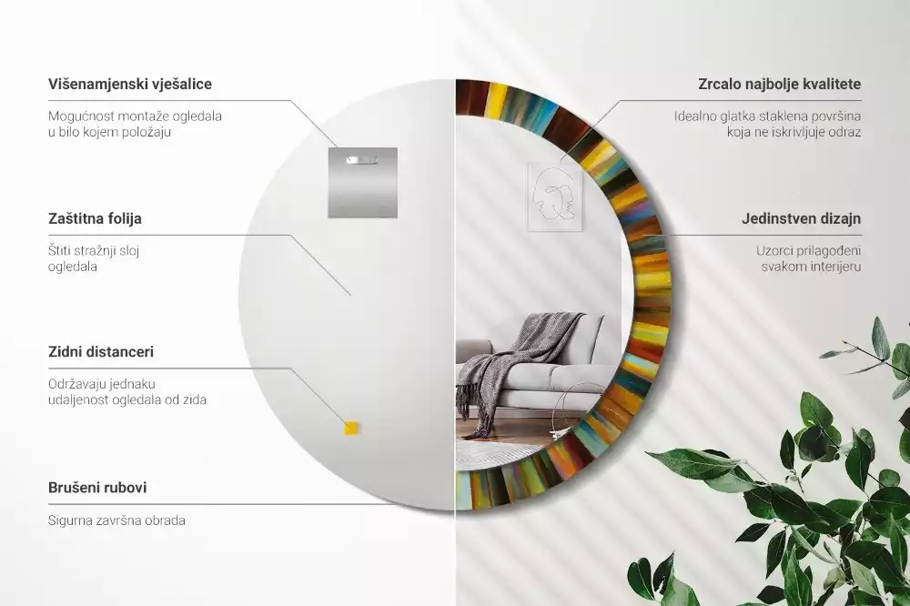 Miroir rond cadre avec impression Rayons colorés