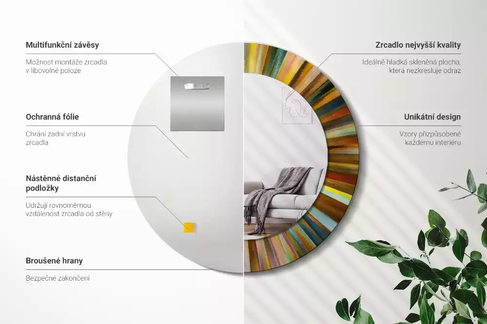 Miroir rond cadre avec impression Rayons colorés