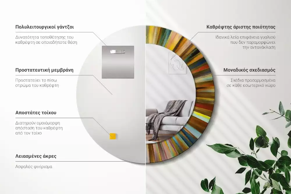 Miroir rond cadre avec impression Rayons colorés