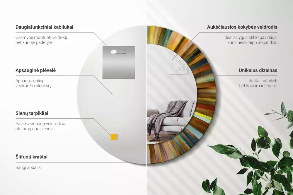 Miroir rond cadre avec impression Rayons colorés