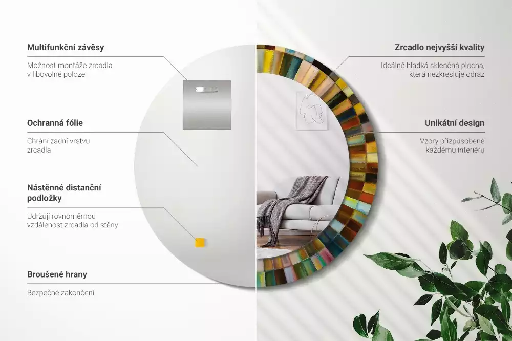 Miroir rond cadre avec impression Rayons colorés