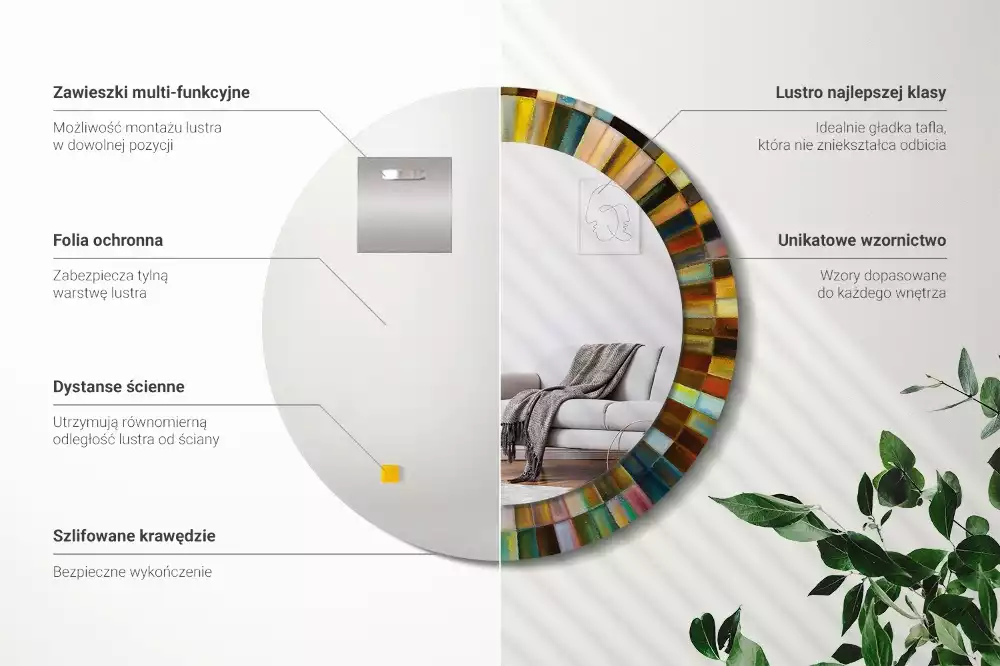 Miroir rond cadre avec impression Rayons colorés