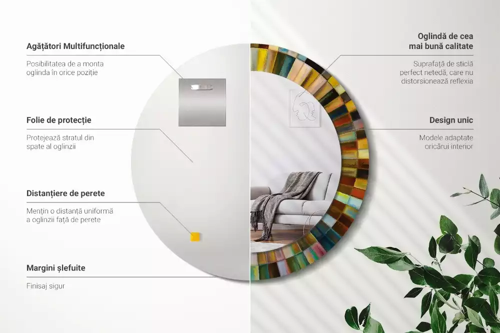 Miroir rond cadre avec impression Rayons colorés