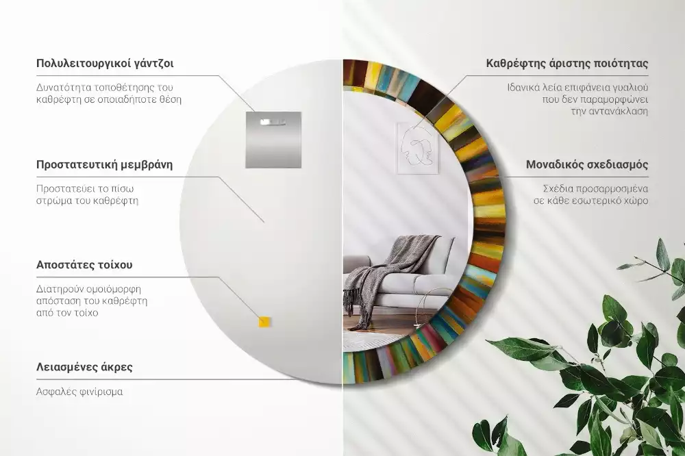 Miroir rond cadre avec impression Rayons colorés