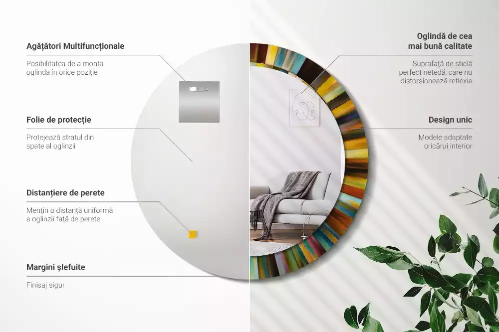 Miroir rond cadre avec impression Rayons colorés