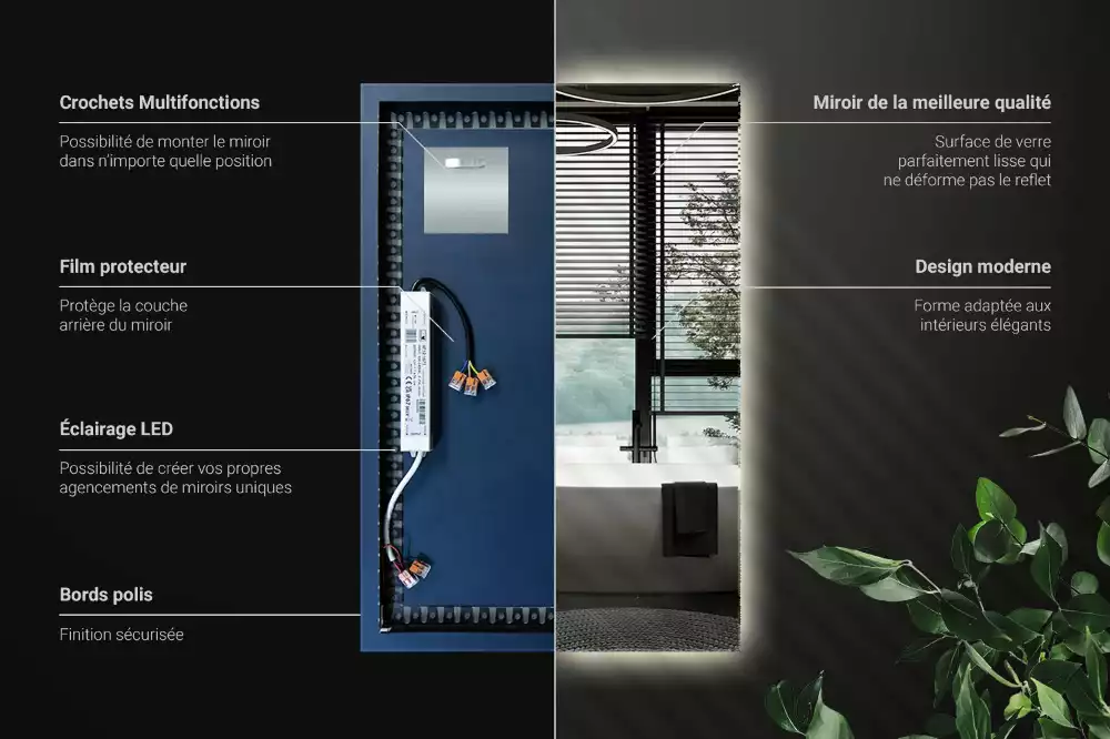 Miroir rectangulaire avec rétroéclairage LED