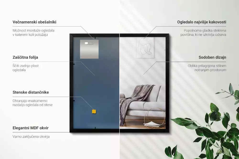 Miroir rectangulaire mur avec cadre noir