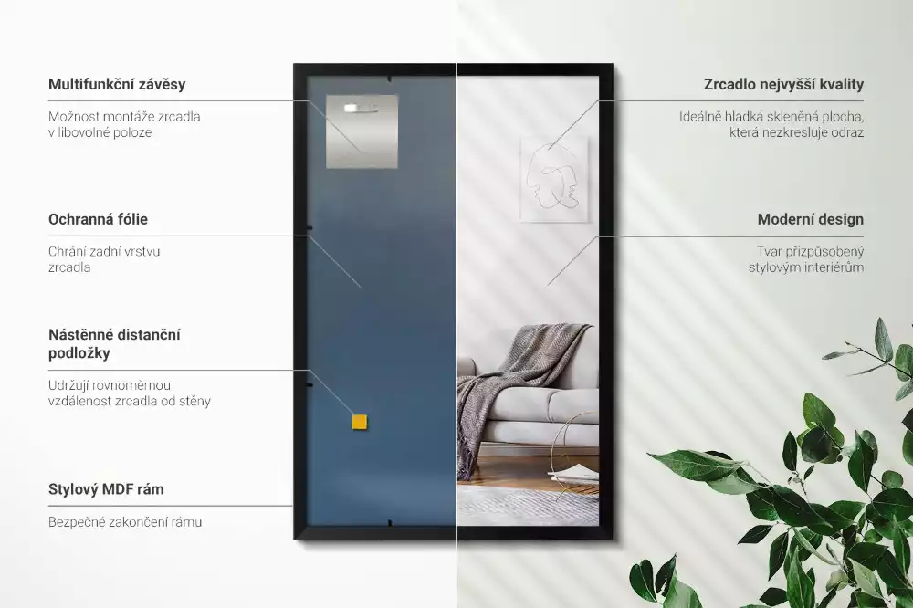 Miroir rectangulaire mur avec cadre noir