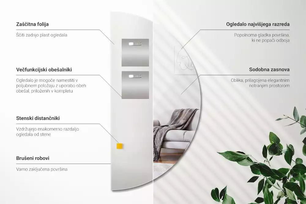 Miroir semi-circulaire suspendu sans cadre