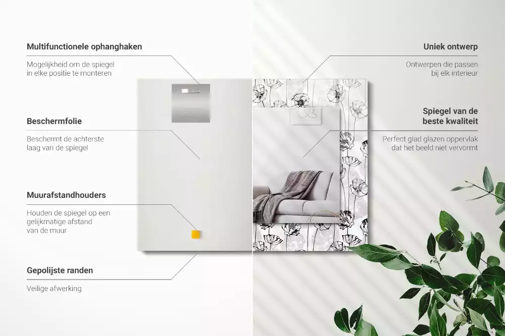 Miroir avec imprimé rectangulaire Motif floral monochrome