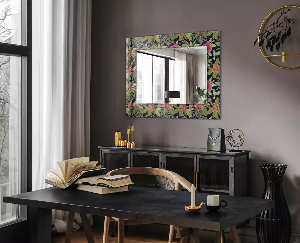 Miroir avec imprimé rectangulaire Fleurs et oiseaux