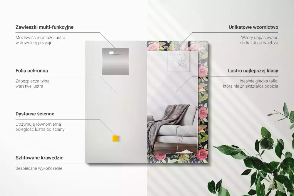 Miroir avec imprimé rectangulaire Fleurs et oiseaux