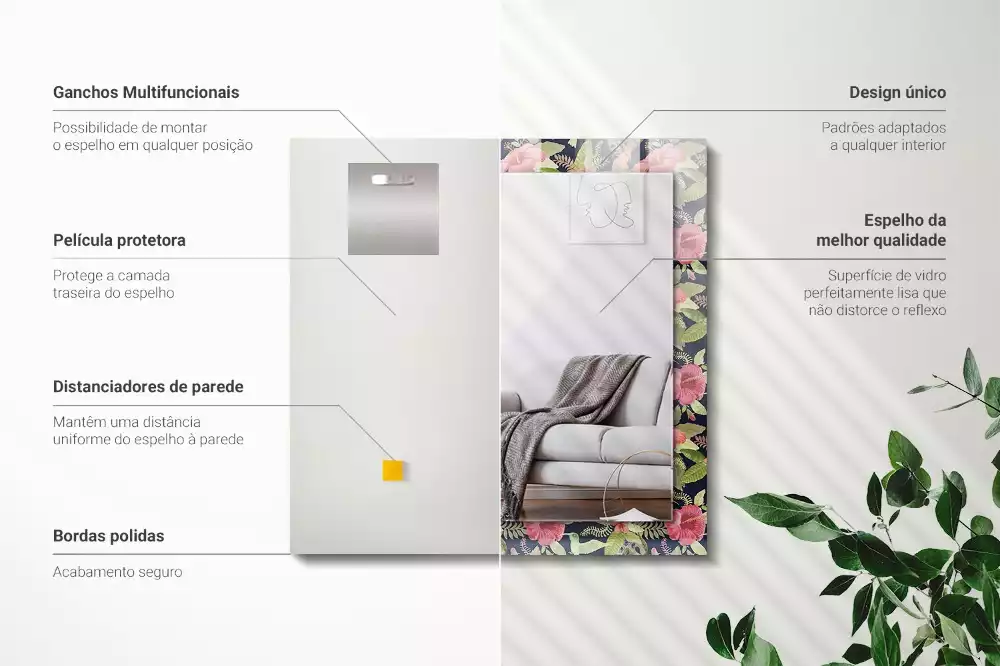 Miroir avec imprimé rectangulaire Fleurs et oiseaux