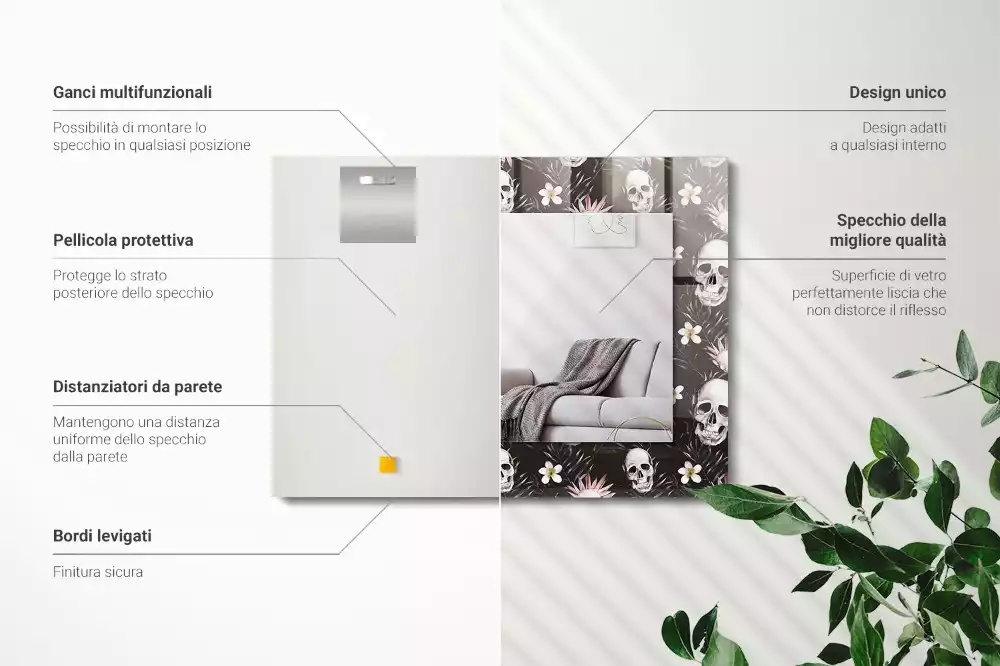 Miroir avec imprimé décoratif rectangulaire Crânes et fleurs