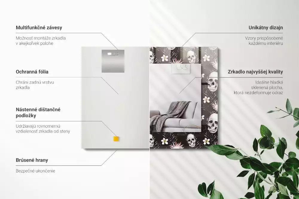 Miroir avec imprimé décoratif rectangulaire Crânes et fleurs