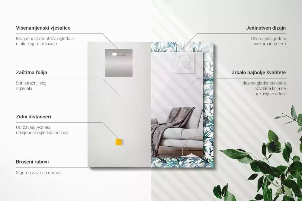 Miroir décoratif rectangulaire Feuilles de bambou aquarelle