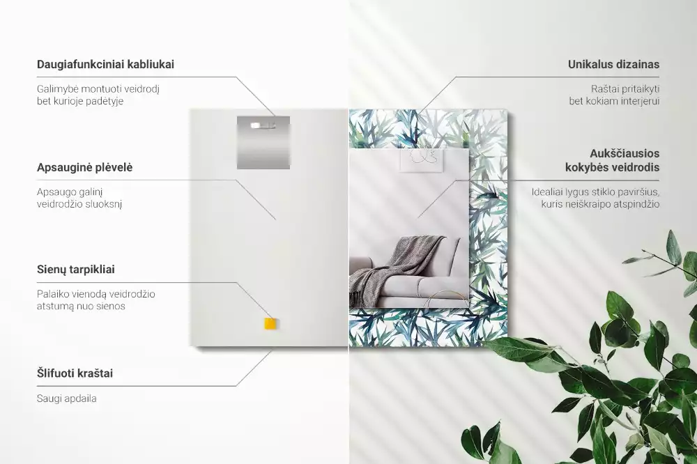 Miroir décoratif rectangulaire Feuilles de bambou aquarelle