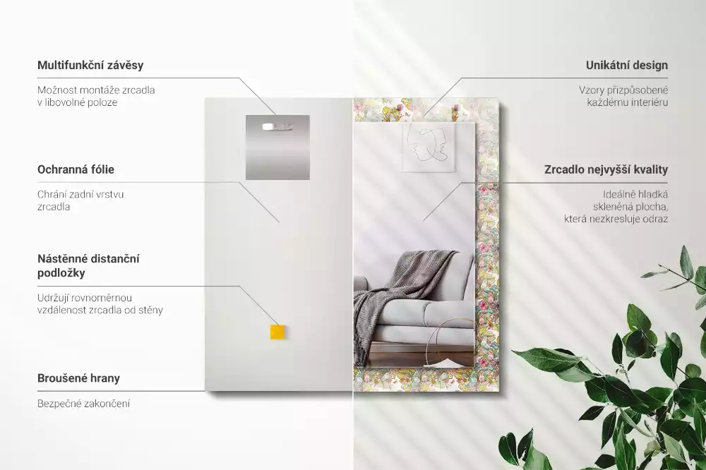 Miroir avec imprimé décoratif rectangulaire Papillons colorés fleurs