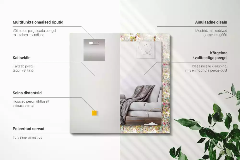 Miroir avec imprimé décoratif rectangulaire Papillons colorés fleurs