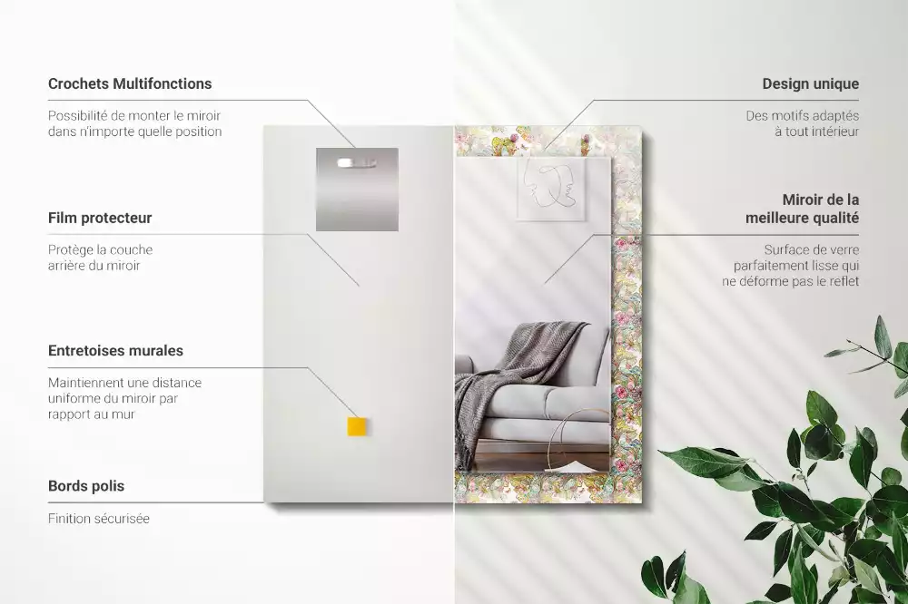 Miroir avec imprimé décoratif rectangulaire Papillons colorés fleurs