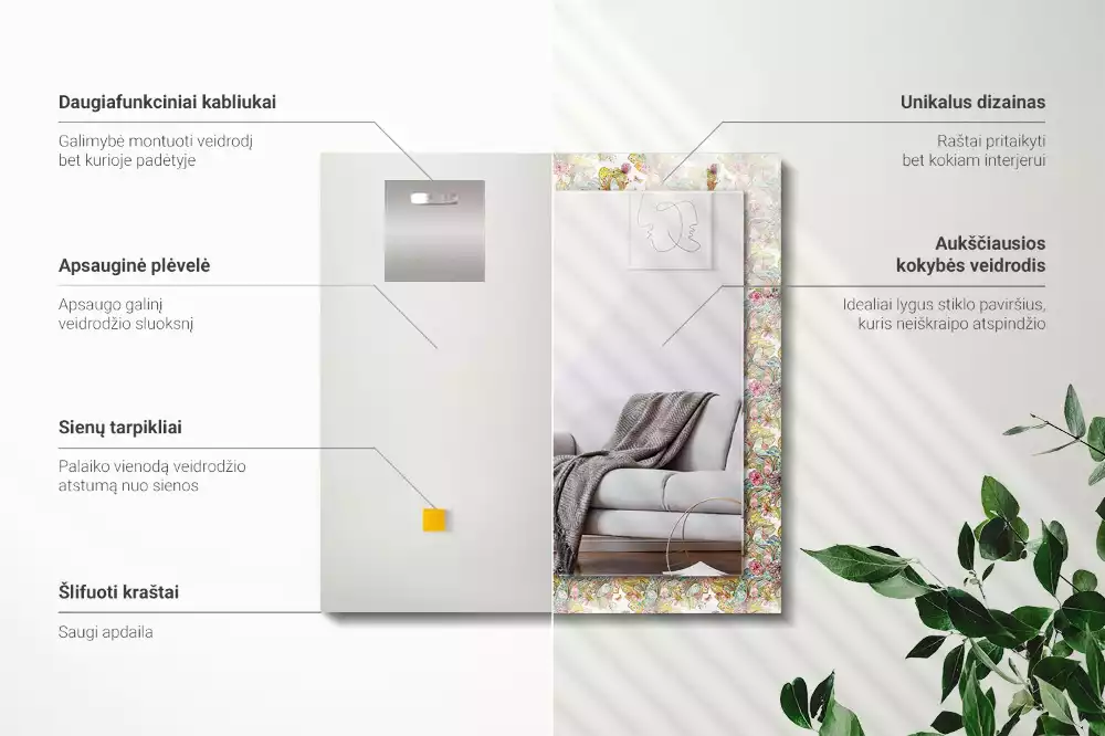 Miroir avec imprimé décoratif rectangulaire Papillons colorés fleurs