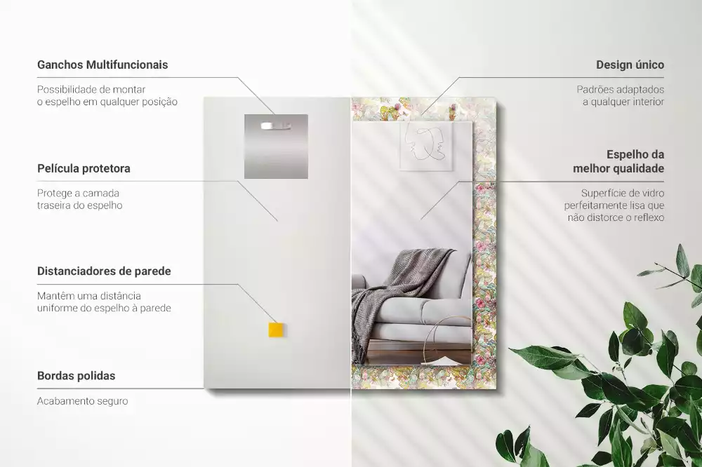 Miroir avec imprimé décoratif rectangulaire Papillons colorés fleurs