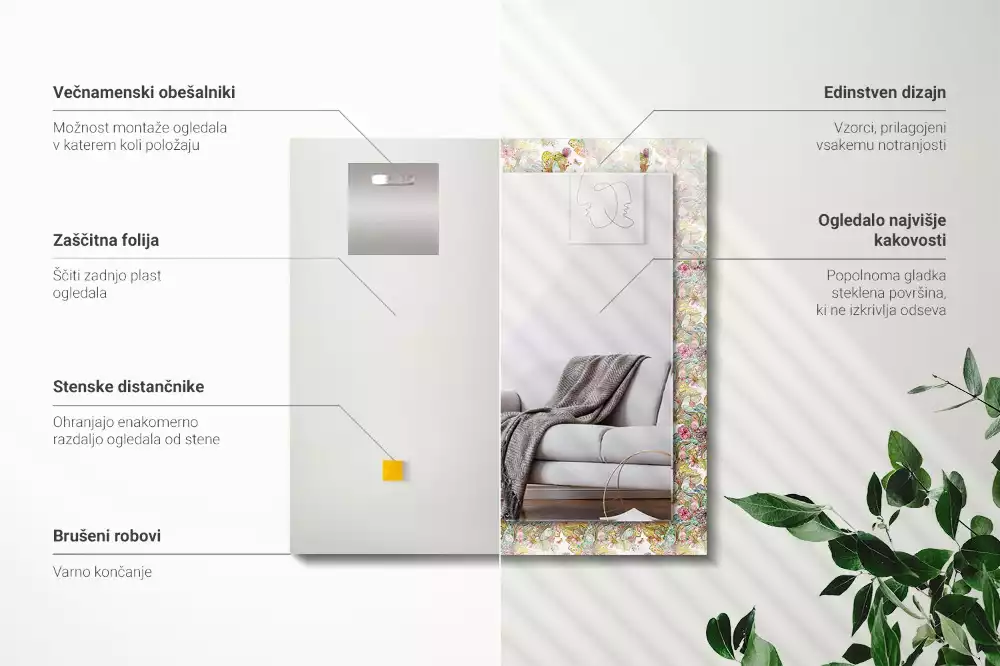 Miroir avec imprimé décoratif rectangulaire Papillons colorés fleurs