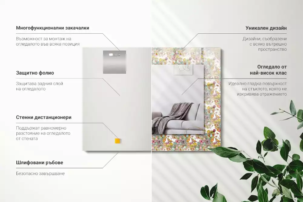 Miroir avec imprimé décoratif rectangulaire Papillons colorés fleurs