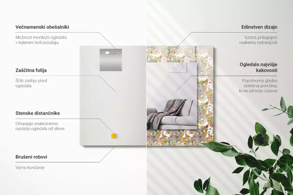 Miroir avec imprimé décoratif rectangulaire Papillons colorés fleurs