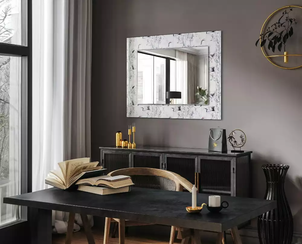 Miroir avec imprimé rectangulaire Grues et bambous