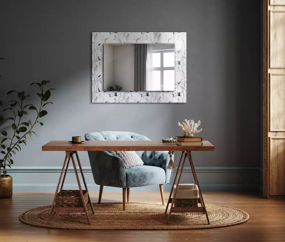 Miroir avec imprimé rectangulaire Grues et bambous