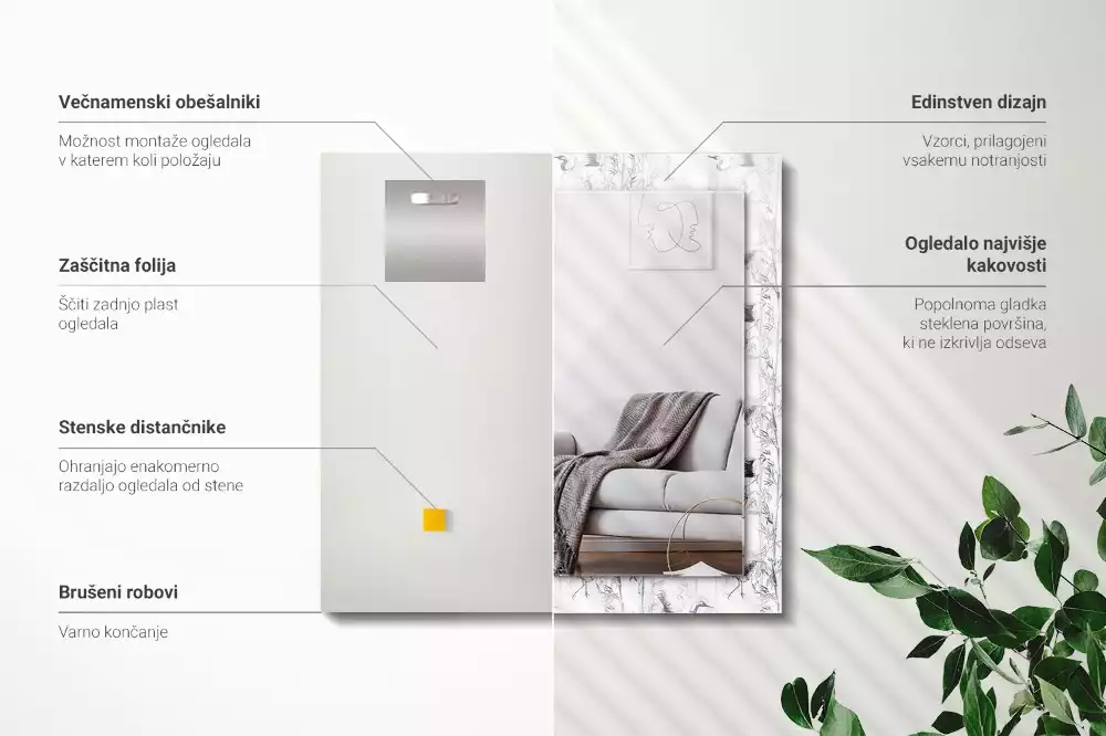 Miroir avec imprimé rectangulaire Grues et bambous