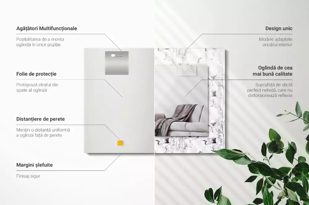 Miroir avec imprimé rectangulaire Grues et bambous