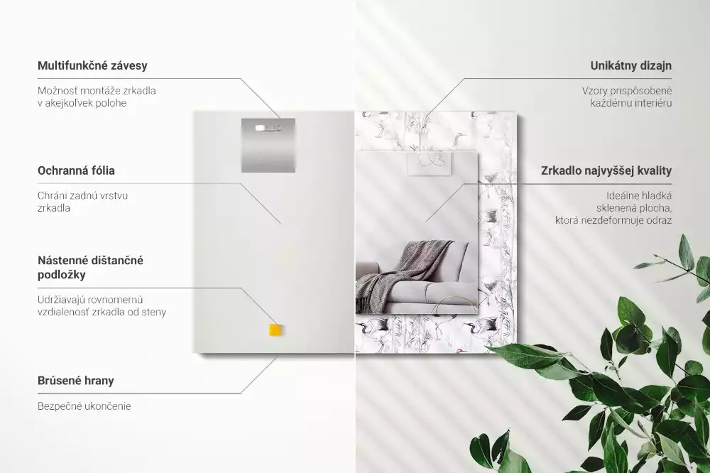 Miroir avec imprimé rectangulaire Grues et bambous