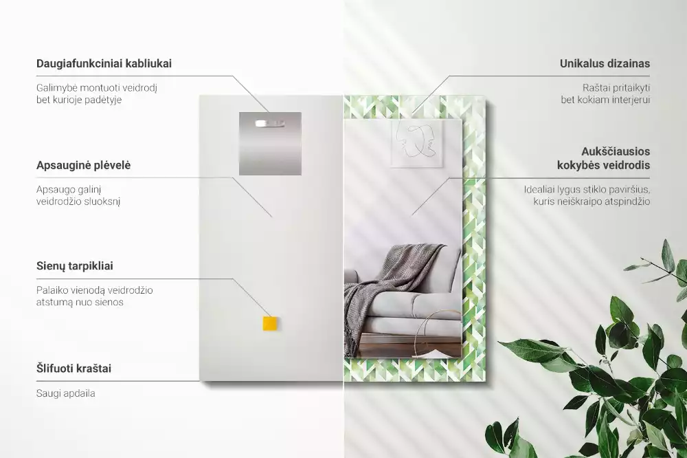 Miroir avec imprimé décoratif rectangulaire Motif géométrique vert