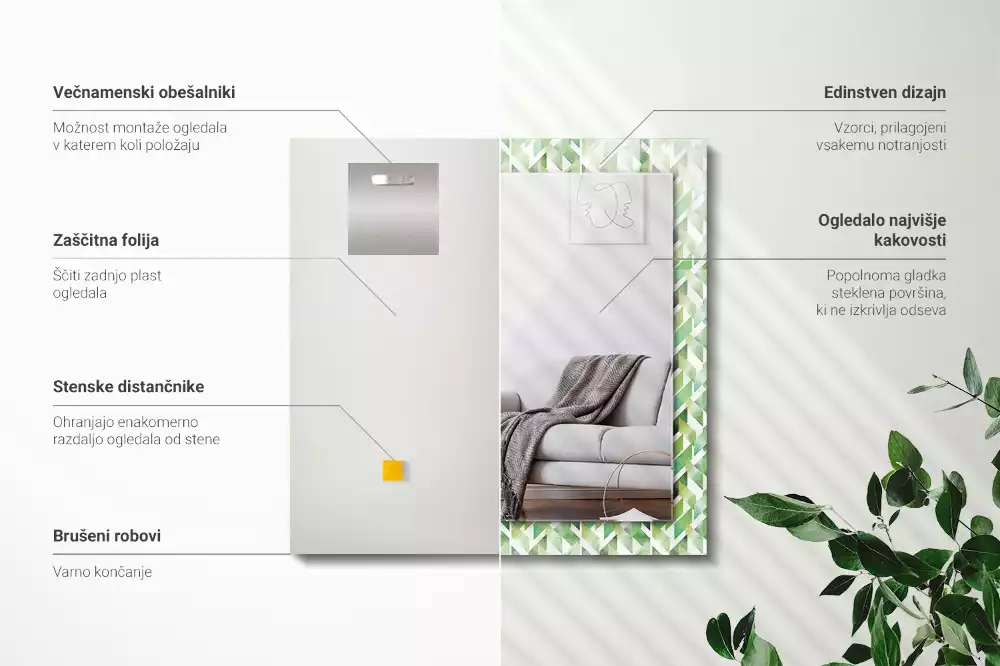 Miroir avec imprimé décoratif rectangulaire Motif géométrique vert