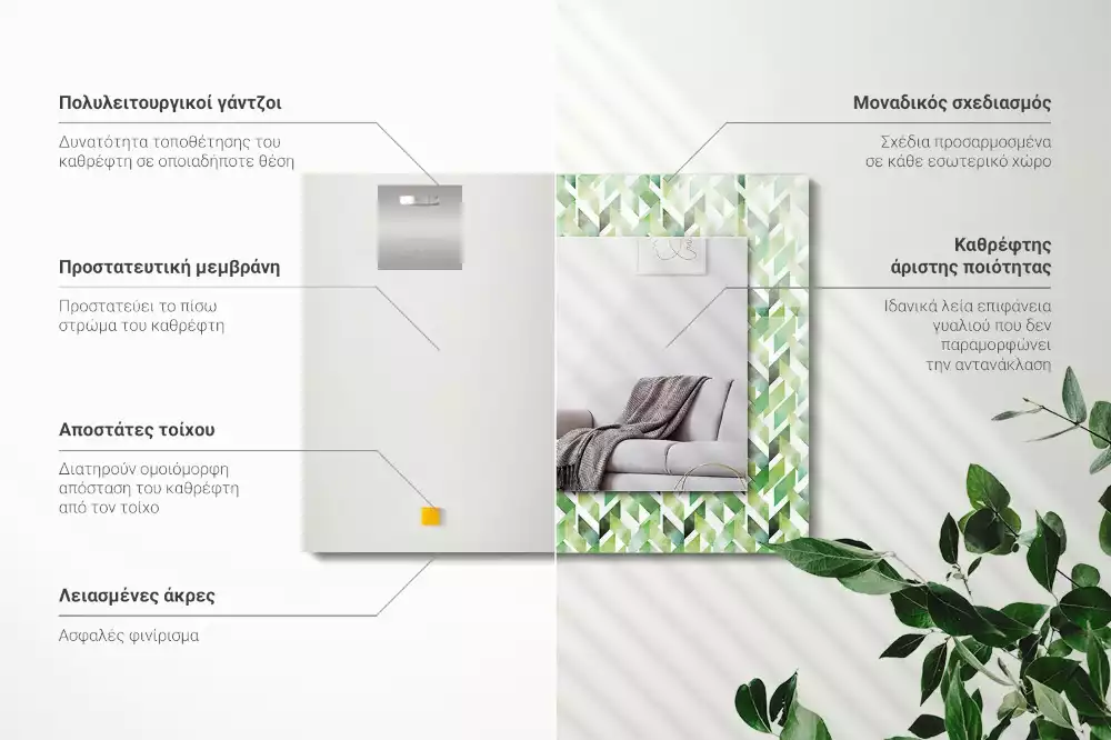 Miroir avec imprimé décoratif rectangulaire Motif géométrique vert