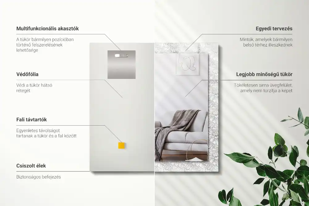 Miroir avec imprimé décoratif rectangulaire Motif floral monochrome