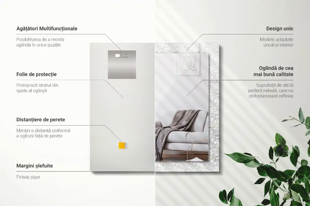 Miroir avec imprimé décoratif rectangulaire Motif floral monochrome