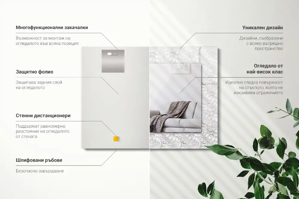 Miroir avec imprimé décoratif rectangulaire Motif floral monochrome