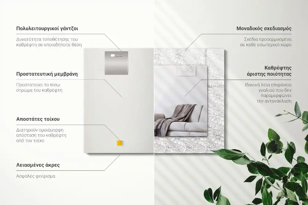 Miroir avec imprimé décoratif rectangulaire Motif floral monochrome