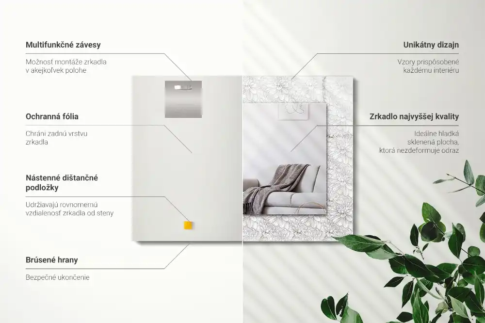 Miroir avec imprimé décoratif rectangulaire Motif floral monochrome