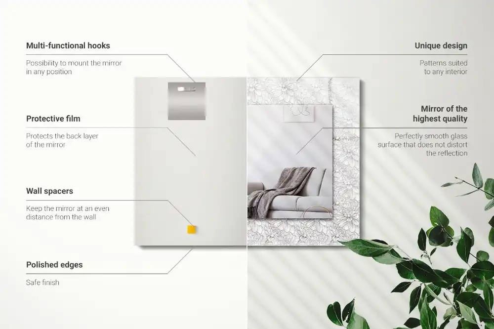 Miroir avec imprimé décoratif rectangulaire Motif floral monochrome